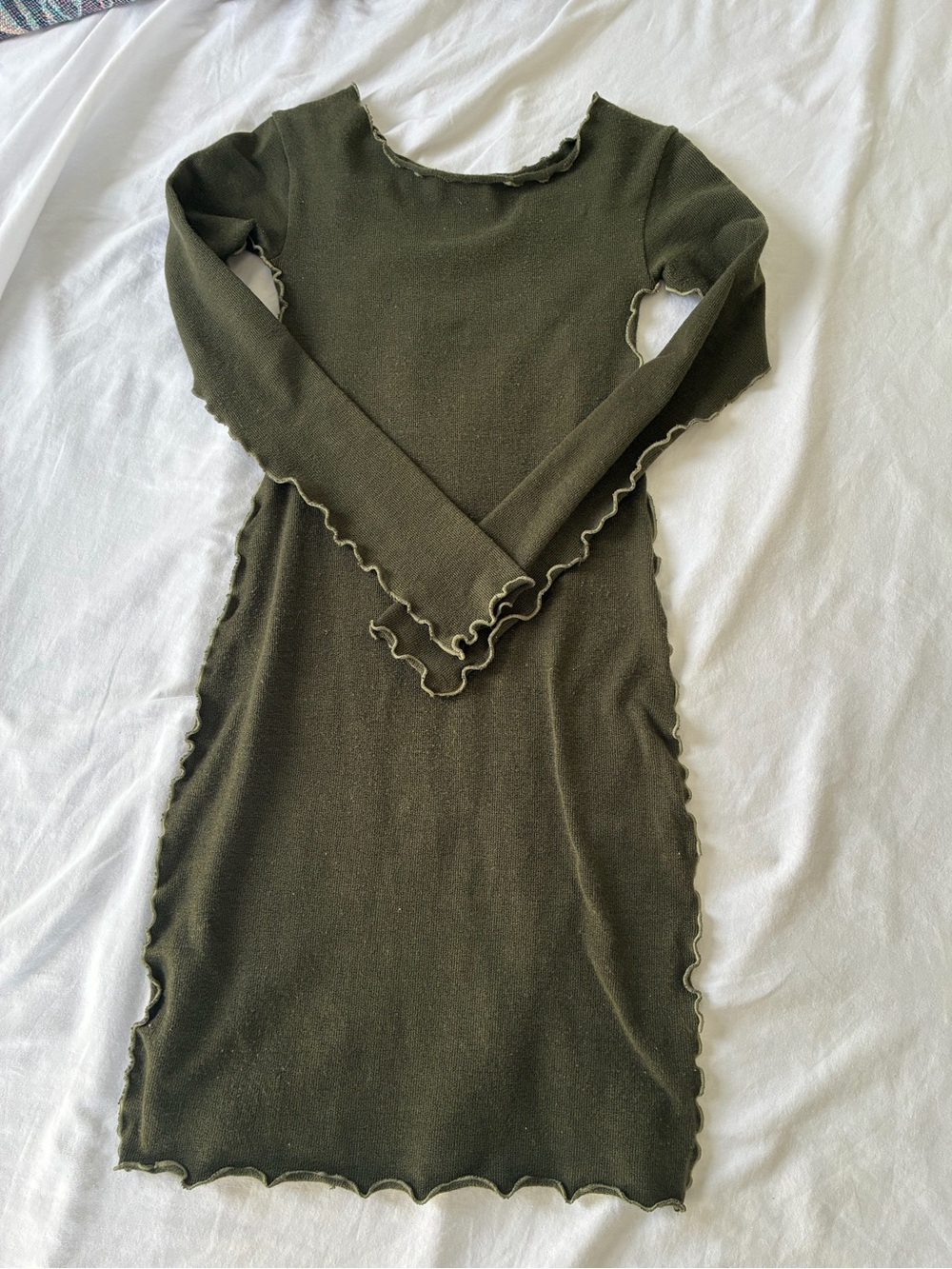 Indah Olive Green Ribbed Long Sleeve Dress with hole in back